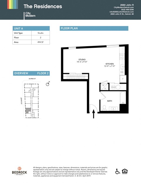 Floor plan for studio, 1 bath, 494 sqft